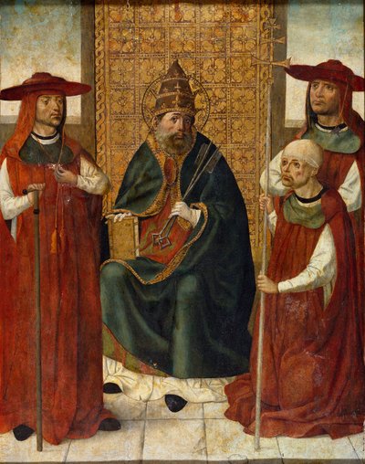 ""Kardinaali Pedro Gonzalez de Mendoza rukoilee Pyhän Pietarin rinnalla" (kardinaali Pedro Gonzalez de Mendoza (1428-1495) rukoilee Pyhän Pietarin edessä) Anonyymi maalaus 1490-1495 Museo del Prado, Madrid tekijältä Anonymous Anonymous