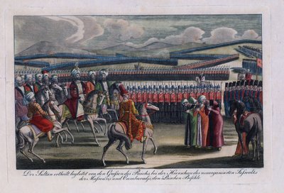 ""Ottomanin sulttaani Selim III (1761-1808) arvioi uutta jalkaväkeään"" Nimetön kaiverrus 1806 Yksityinen kokoelma tekijältä Anonymous Anonymous