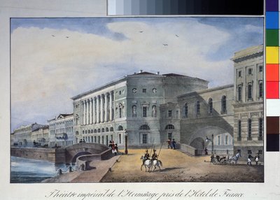 Eremitaaši-teatteri Pietarissa. Nimetön litografia, vesiväreillä, noin 1840. A. Pushkinin muistomuseo, Pietari. tekijältä Anonymous Anonymous