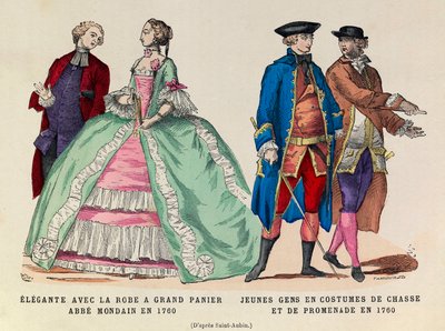 Vasemmalla: Elegantti suurella korimekolla, mondain abbe 1760/oikealla: Nuoret miehet metsästys- ja kävelypuvussa 1760 (kuningas Ludvig XV:n hallitus) - yksityinen kokoelma tekijältä Anonymous Anonymous