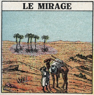 Valon taittuminen: mirage. Ilmakehän taittuminen antaa illuusion keitasta, joka ilmestyy erämaahan. Anonyymi kuvitus vuodelta 1925. Yksityiskokoelma. tekijältä Anonymous Anonymous