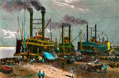Ladataan puuvillaa höyrylaivoille Mississippillä New Orleansiin (New Orleans). Kaiverrus 1800-luvulta. Yksityinen kokoelma tekijältä Anonymous Anonymous