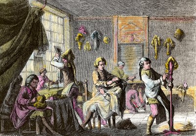 Ludvig XV:n muoti: näkymä peruukkikampaajan sisätiloihin. Kaiverrus noin 1755. Yksityinen kokoelma tekijältä Anonymous Anonymous