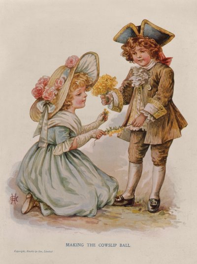 Making the Cowslip Ball, kirjakuvitus, 1900-luvun alku (värilitografia) tekijältä Anonymous Anonymous