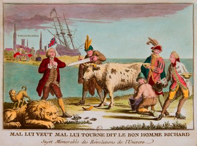 Mal haluaa hänen olevan väärässä, sanoi hyvä mies richard. Ikimuistoinen aihe universumin vallankumouksista. Sarjakuva Englantia vastaan. 1780, Privee Collection (Brittiläinen kauppa lypsylehmänä. Kuvia ovat: Iso-Britannia nukkuvana leijonana; Continental  tekijältä Anonymous Anonymous