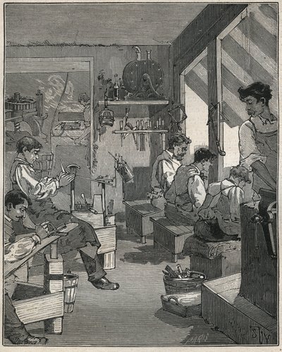 Kampien valmistus työpajassa Ranskassa 1800-luvulla. Kaiverrus vuodelta 1885 kirjassa "Les arts et metiers illustres", kirjoittanut Adolphe BITARD. tekijältä Anonymous Anonymous
