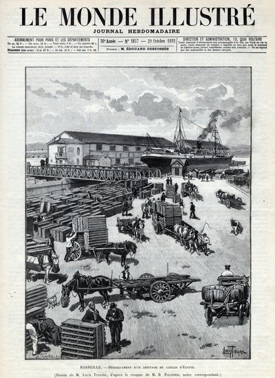 Merikauppa: Egyptistä saapuvan viiriäisen haukkuminen Marseillen satamassa. Sanomalehti. Kaiverrus "Le monde illustree" vuodelta 1892. Yksityinen kokoelma. tekijältä Anonymous Anonymous