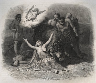 Lyonin Saint Blandinen ja Ponticuksen marttyyrikuolema areenalla vuonna 177 ensimmäisten kristittyjen vainon aikana. Kaiverrus vuodelta 1846 kirjassa "Pyhien elämää". Yksityinen kokoelma. tekijältä Anonymous Anonymous
