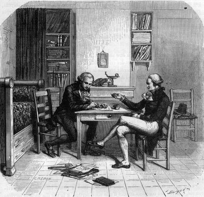 Maximilien de Robespierre 1758-1794, ranskalainen poliitikko, yleisen turvallisuuden komitean jäsen Maurice Duplayn kanssa huoneessa - Chambre de Maximilien de Robespierre chez Maurice Duplay (1736-1820) rue Saint-Honore a Paris - Kaiverrus "Histoire des G tekijältä Anonymous Anonymous