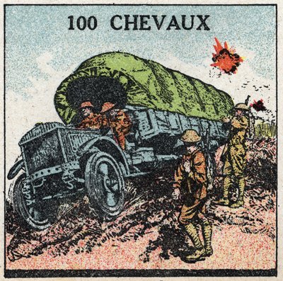 Mekaaninen veto: sotilasauto jopa 100 hevosvoimaa. Anonyymi kuvitus vuodelta 1925. Yksityiskokoelma. tekijältä Anonymous Anonymous
