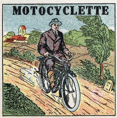 Mekaaninen veto: moottoripyörä. Anonyymi kuva vuodelta 1925. Yksityinen kokoelma. tekijältä Anonymous Anonymous