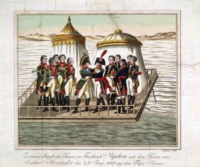 Venäjän keisarien Aleksanteri I:n ja Ranskan Napoleon I:n tapaaminen Nemanissa Tilsitin lähellä - Anonyymi - 1807 - Etsaus, akvarelli - 29,7x39,7 - Yksityiskokoelma tekijältä Anonymous Anonymous