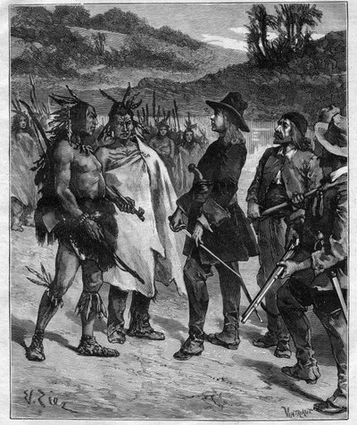 Robert Cavelier de La Sallen (1643-1687) tapaaminen Amerikan intiaanien kanssa lähellä Peoriajärveä kaiverruksella "Journal des voyages" vuodelta 1889 tekijältä Anonymous Anonymous