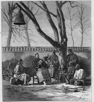 Lähetyssaarnaaja katolisen opin opetus Henanin maakunnassa (Ho Nan, Ho-Nan), Kiina. Louis-Eugene (Louis Eugene) Louvetin kaiverrus "Katoliset lähetystyöt XIX-luvulla". yksityinen kokoelma. tekijältä Anonymous Anonymous
