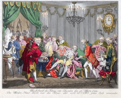 Mort de Gustave III de Suede (1746-1792) - Kuningas Kustaa III:n salamurha 16. maaliskuuta 1792 - Nimetön - 1792 - Etsaus, akvarelli - 33,5x46,3 - Yksityiskokoelma tekijältä Anonymous Anonymous