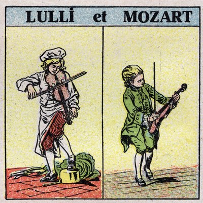 Soittimet: hierotut jousisoittimet. Jean Baptiste Lully (Giovanni Battista Lulli) (1632-1687) ja Wolfang Amadeus Mozart (1756-1791) soittavat viulua. Anonyymi kuvitus vuodelta 1925. Yksityiskokoelma. tekijältä Anonymous Anonymous