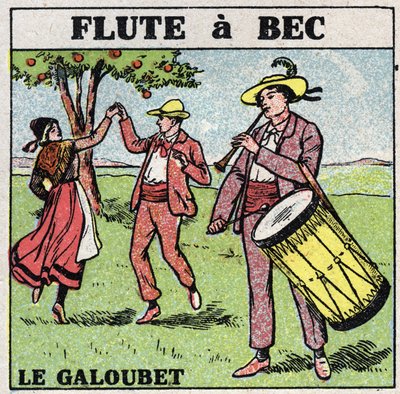 Soittimet: puhallinsoittimet. Galubet-soitin (huilu nokka). Anonyymi kuvitus vuodelta 1925. Yksityiskokoelma. tekijältä Anonymous Anonymous