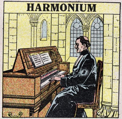 Soittimet: puhallinsoittimet lantiolla. Harmoniumsoitin kirkossa. Anonyymi kuvitus vuodelta 1925. Yksityiskokoelma. tekijältä Anonymous Anonymous