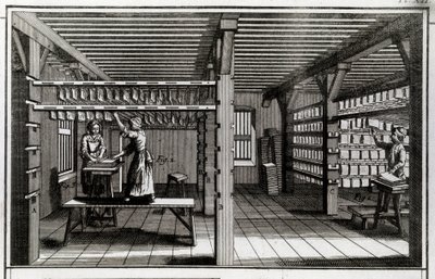 Paperitehdas: kuivausvaihe. 1700-luvun kaiverrus. Yksityinen kokoelma tekijältä Anonymous Anonymous