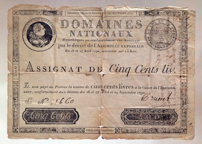 Ranskan vallankumouksen aikana julkaistu paperi: 500 punnan toimeksianto vuodelta 1790. Yksityinen kokoelma tekijältä Anonymous Anonymous