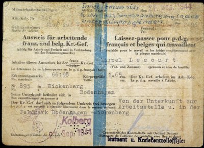 Toisen maailmansodan passi, "passi" ranskalaiselle ja belgialaiselle toimitusjohtajalle, joka työskentelee", 25.9.1944. tekijältä Anonymous Anonymous