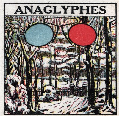 Valokuvaus: anaglyfi on kuva, joka on painettu näkyväksi kohokuviona kaksisävyisillä laseilla. Anonyymi kuvitus vuodelta 1925. Yksityiskokoelma. tekijältä Anonymous Anonymous