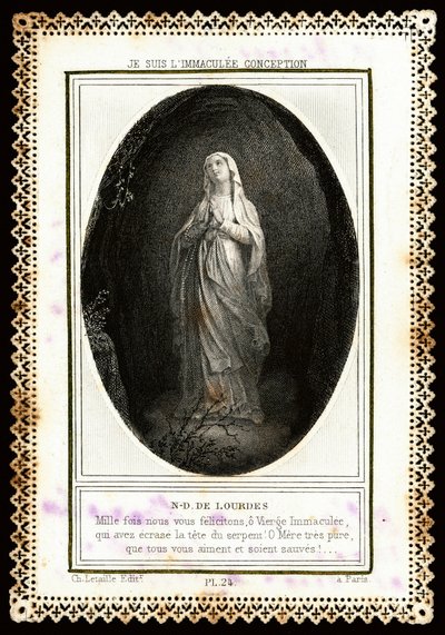 Hurskas kuva: "" Notre Dame de Lourdes"" Dentelee-kortti. 1800-luvulla. Yksityinen kokoelma tekijältä Anonymous Anonymous