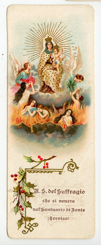 Hurskas kuva: Our Lady of Suffrage. Neitsyt kiirastulessa sielujen pelastamiseksi (kromolitografia) tekijältä Anonymous Anonymous