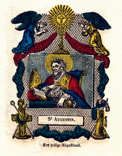 Hurskas kuva: Pyhä Augustinus (Augustine of Hippo (354 - 430), eveque ja kirkon tohtori, Pyhän Augustinuksen säännön ja tunnustukset kirjoittaja). Kaiverrus 1800-luvun yksityiskokoelmasta tekijältä Anonymous Anonymous