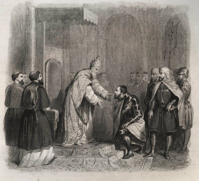 Paavi Pyhä Pius V (Pius tai Pio) (1566-1572) vastaanottaa Lepanten taistelun voittajan. Kaiverrus vuodelta 1846 kirjassa "Pyhien elämää". Yksityinen kokoelma. tekijältä Anonymous Anonymous