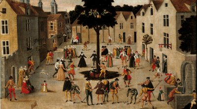 Suosittu perinne: "" Suosittu juhla Arbre de Mai (jalava) ympärillä Pariisissa"" Anonyymi maalaus. 1500-luvun aurinko. 0,7x1,3 m Pariisi, Musee Carnavalet tekijältä Anonymous Anonymous
