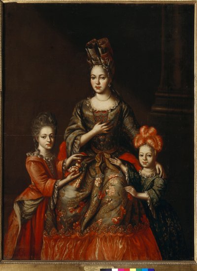""Pietarin kuvernöörin vaimon Anastasia Naryshkinan ja hänen tyttäriensä Aleksandran ja Tatjanan muotokuva"" Nimetön maalaus, 1700-luvun alku, koko 180x130,8 cm Valtion Tretjakov-galleria, Moskova tekijältä Anonymous Anonymous