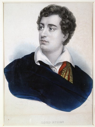 Runoilija Lord George Noel Byronin (1788-1824) muotokuva (runoilija Lord G.N.Byronin muotokuva). Nimetön litografia, paranneltu vesiväreillä, 1800-luvun alku. Englantilainen taide, romantiikka. A. Pushkinin muistomuseo, Pietari. tekijältä Anonymous Anonymous