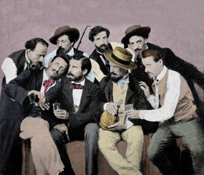 Taiteilijoiden muotokuvaryhmä (Macchiaioli) Firenzessä: joukossa ylhäältä vasemmalta oikealle Gaetano Bianchi, Cristiano Banti, Vito d