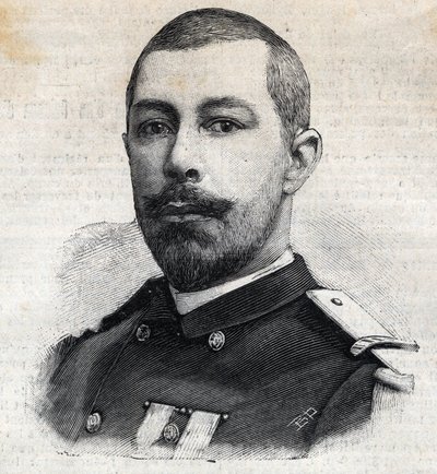Antoine Mizonin (1853-1899) muotokuva ranskalaisesta tutkimusmatkailijasta Afrikassa. Kaiverrus "" Le Peute Parisien"" tekijältä Anonymous Anonymous