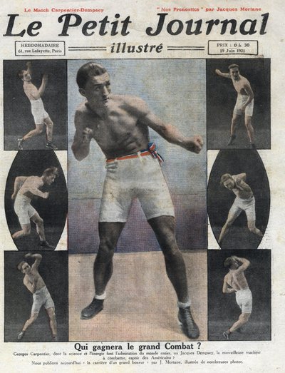 Muotokuva ranskalaisesta nyrkkeilijästä Georges Carpentieristä, joka taistelee amerikkalaisen nyrkkeilijän Jack Dempseyn kanssa maailmanmestarin tittelistä. Kuva otettu julkaisusta "" Le petit journal illustrious""" 19.6.1921. Yksityinen kokoelma tekijältä Anonymous Anonymous