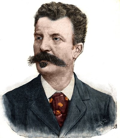 Guy de Maupassantin (1850-1893) ranskalaisen kirjailijan muotokuva. Kaiverrus "" Le Peute Parisien"" tekijältä Anonymous Anonymous