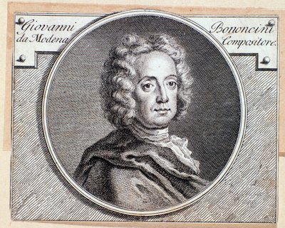 Italian barokkisäveltäjän ja -sellistin Giovanni Battista Bononcinin muotokuva (kaiverrus 1700-luku) tekijältä Anonymous Anonymous