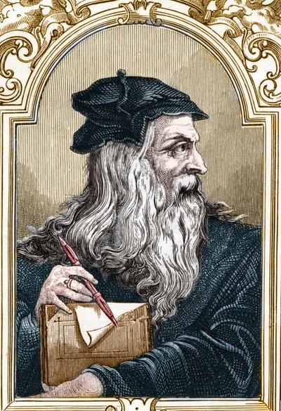 Muotokuva Leonard de Vincistä (Leonardo da Vinci) (1452-1519). kaiverrus vuodelta 1859 Armandaudin "" Euroopan gallerioissa - Italiassa" (kaiverrus) tekijältä Anonymous Anonymous