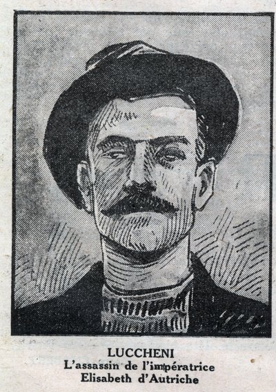 Muotokuva Luigi Luchenista (1873-1910), italialainen anarkisti, salamurhaaja vuonna 1898 Elisabeth de Wittelsbachista, Itävallan keisarinnasta, joka tunnetaan nimellä Sissi. Kaiverrus "" L
