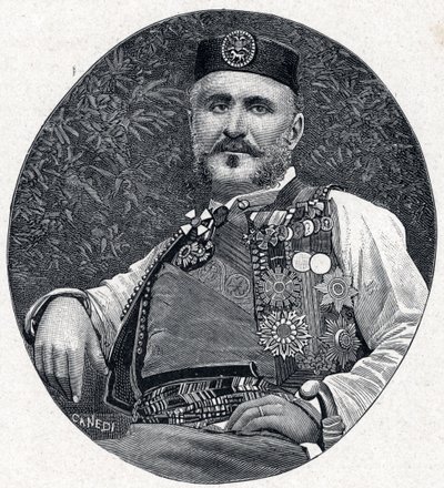 Muotokuva Nikolai I Montenegrosta (Nikola I Petrovic-Njegos) (1841-1921), Montenegron prinssi ja Berda. Kaiverrus "Les Missions Catholiques au XIXeme Siecle" -kirjoitukseen Louis-Eugene (Louis Eugene) Louvet. yksityinen kokoelma. tekijältä Anonymous Anonymous