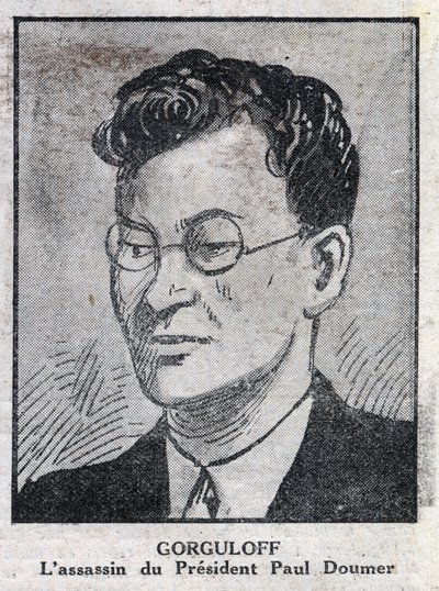 Muotokuva Paul Gorgulovista tai Gorguloffista (1895-1932), Ranskan presidentin Paul Doumerin salamurhaajasta (1857-1932). Kaiverrus "" L