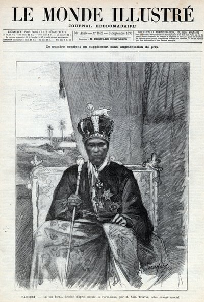 Muotokuva Tofa I:stä (Toffa) (noin 1850-1908), Dahomeyn (Benin) kuningas Porto Novo (Porto-Novo). Sanomalehti. Kaiverrus ”Le monde illustree” ”vuodelta 1892. Yksityinen kokoelma. tekijältä Anonymous Anonymous