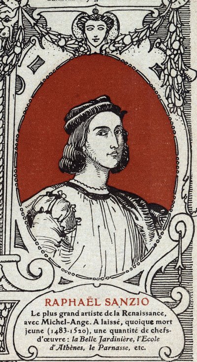 Italian renessanssitaiteilijan Rafaelin (Raffaello Sanzio 1483-1520) muotokuva. Kaiverrus vuodelta 1914. Yksityinen kokoelma. tekijältä Anonymous Anonymous