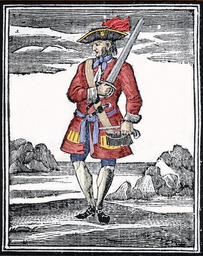 Merirosvo Jack Rackhamin muotokuvassa lukee Red tai John Rackham, joka tunnetaan paremmin nimellä Calico Jack (? 1720). Kaiverrus. tekijältä Anonymous Anonymous