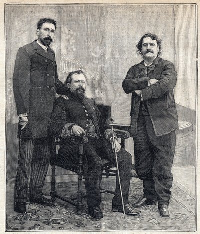 Muotokuva kolmesta "akatemisidista": Marius Tournade, Achille Le Roy ja Maxime Lisbon (1839-1905), jotka halusivat pilkata Ranskan Akatemiaa. Kaiverrus kirjassa "" Le Petit Parisien"" 6.4.1893. tekijältä Anonymous Anonymous