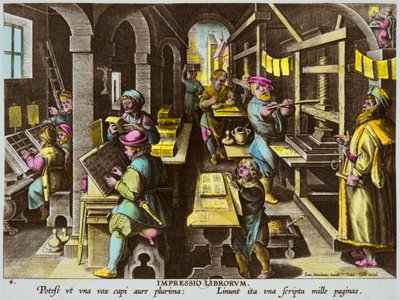 Jan Van Der Straet (Giovanni Stradano tai Johannes Stradanus) (1523-1605) painokoneet ja typografinen painatus käsipuristimella noin 1600, Privee Collection tekijältä Anonymous Anonymous