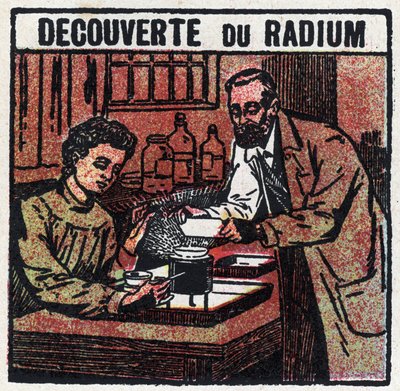Radium: Pierre (1859-1906) ja Marie Curie (1867-1934) löysivät radiumin vuonna 1898. Nimetön kuvitus vuodelta 1925. Yksityinen kokoelma. tekijältä Anonymous Anonymous
