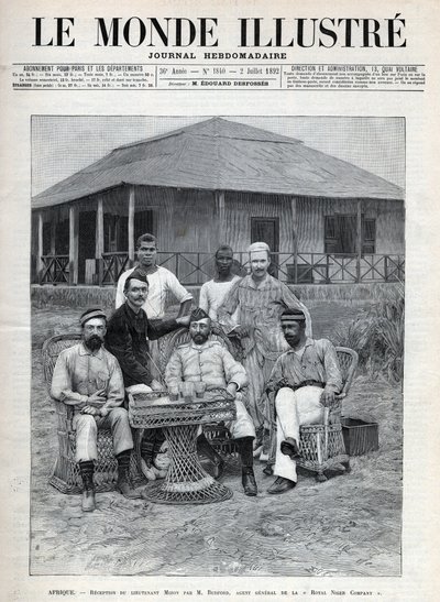 Royal Niger Companyn pääagentin Frederick Bedfordin (1838-1913) vastaanotto luutnantti Mizonin toimesta. Ranskalainen tutkimusmatkailija Louis Alexandre Antoine Mizon (1853-1899) Länsi-Afrikan matkallaan. Sanomalehti. Kaiverrus "Le monde illustree" vuodelt tekijältä Anonymous Anonymous