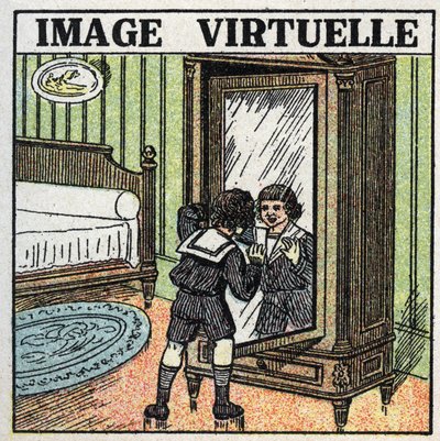 Valon heijastus: virtuaalikuva. Lapsi pohtii heijastustaan peilissä. Anonyymi kuvitus vuodelta 1925. Yksityiskokoelma. tekijältä Anonymous Anonymous